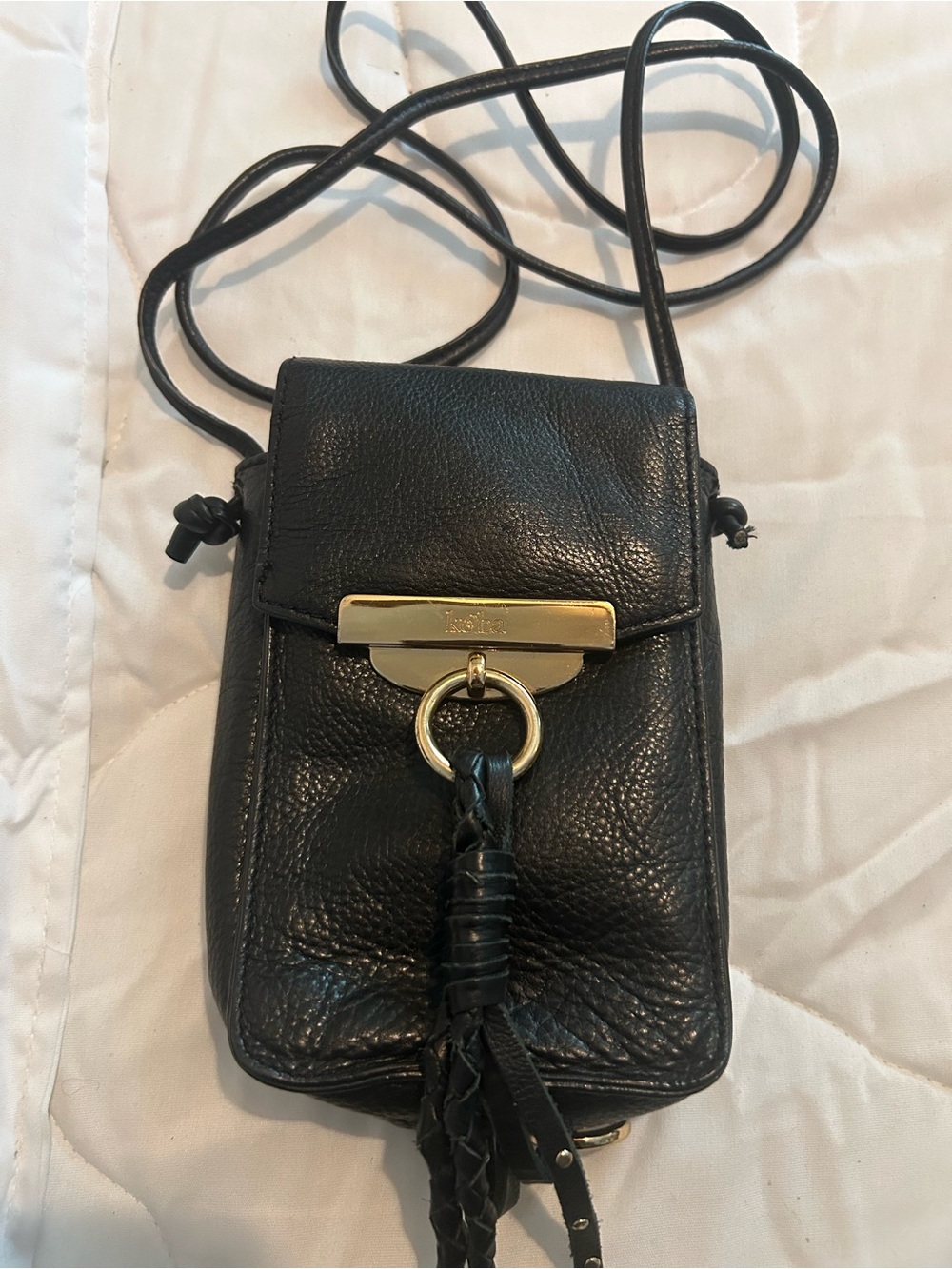 Kooba Black Leather Crossbody with Gold Ring and Braided Tassel